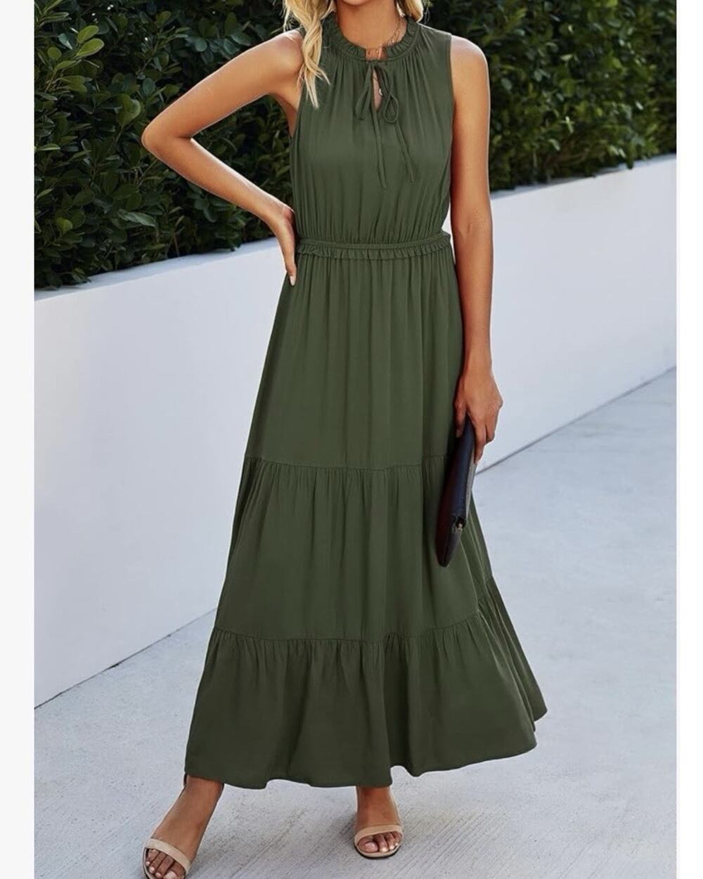 Kirundo Sleeveless Tiered Ruffled High Waist Maxi Dress Casual Resort Green L
